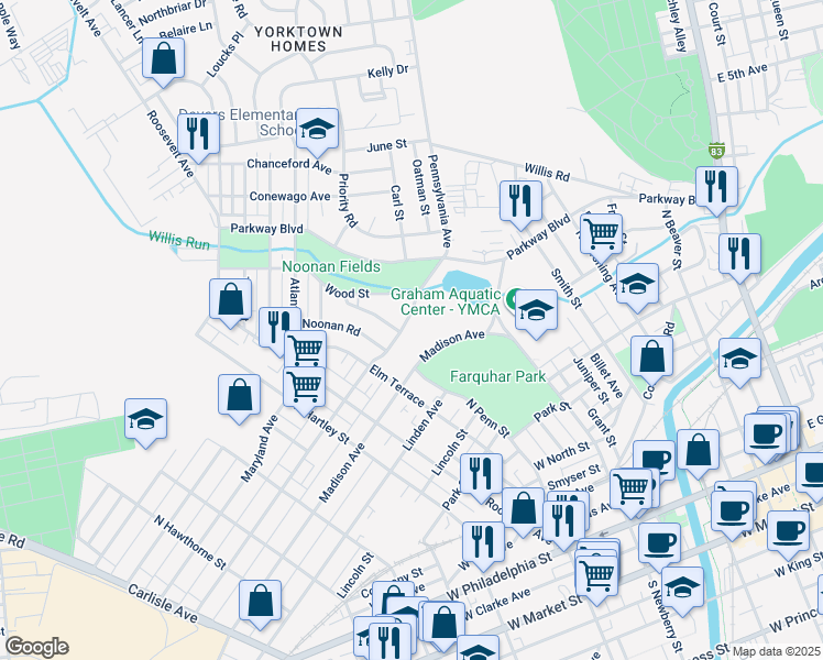 map of restaurants, bars, coffee shops, grocery stores, and more near 344 Pennsylvania Avenue in York