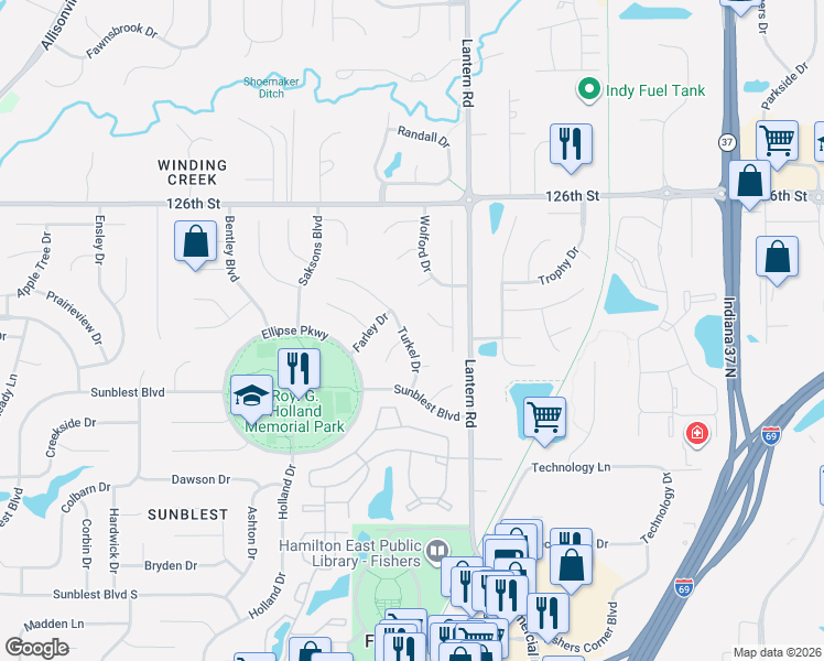 map of restaurants, bars, coffee shops, grocery stores, and more near 12469 Turkel Drive in Fishers