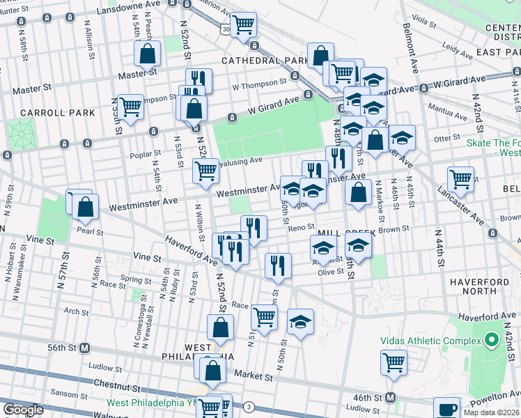 map of restaurants, bars, coffee shops, grocery stores, and more near 5055 Ogden St in Philadelphia