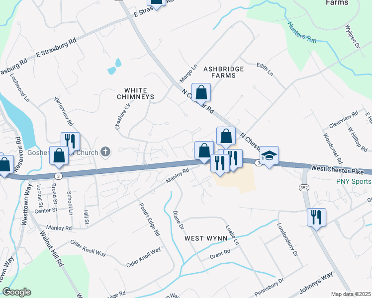 map of restaurants, bars, coffee shops, grocery stores, and more near 140 Bent Tree Drive in West Chester