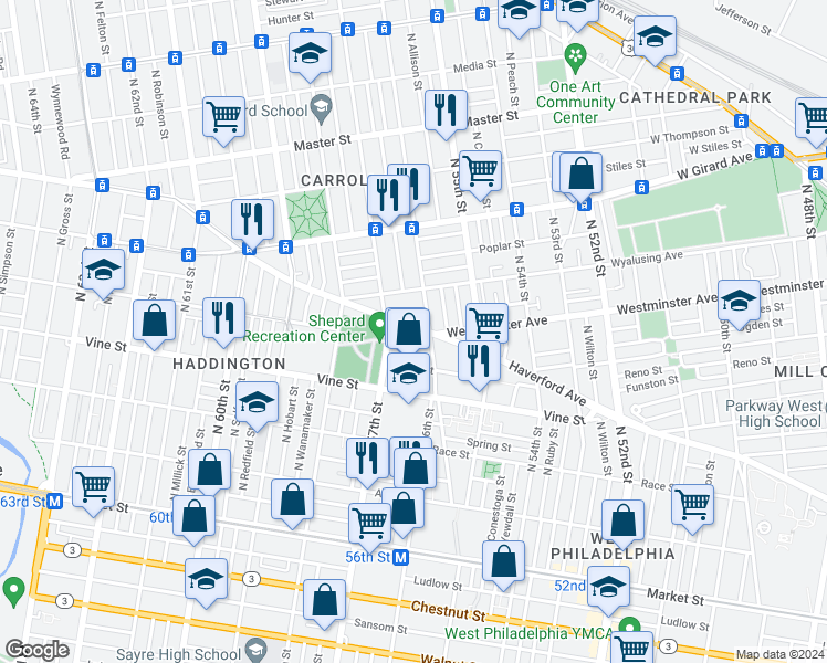 map of restaurants, bars, coffee shops, grocery stores, and more near 5612 Haverford Avenue in Philadelphia