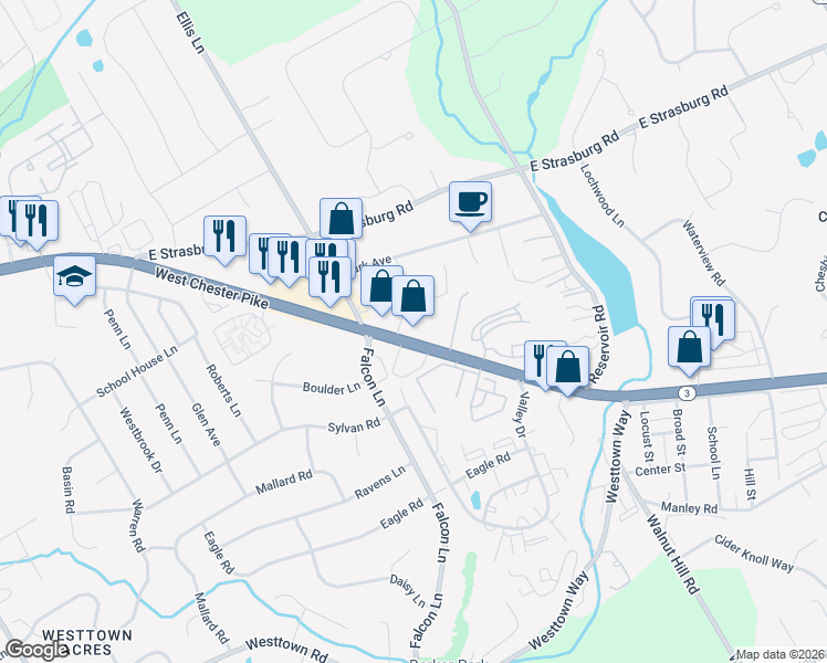 map of restaurants, bars, coffee shops, grocery stores, and more near 1313 Pennsylvania 3 in West Chester