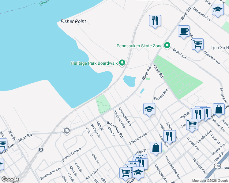 map of restaurants, bars, coffee shops, grocery stores, and more near 419 Springfield Ave in Pennsauken Township