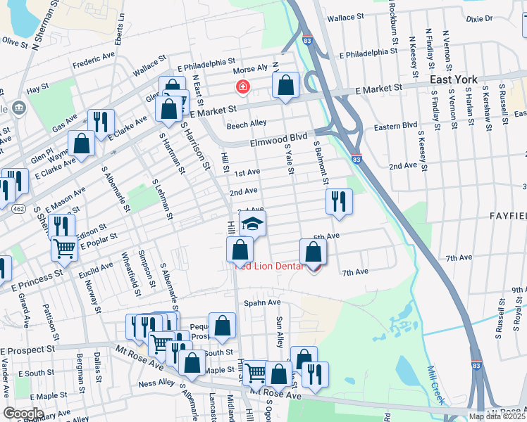 map of restaurants, bars, coffee shops, grocery stores, and more near 1436 3rd Ave in York