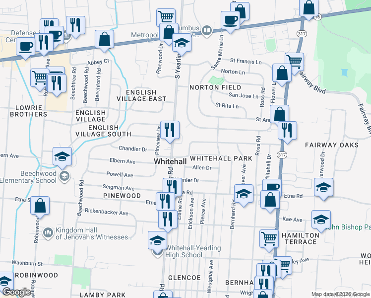 map of restaurants, bars, coffee shops, grocery stores, and more near 4350 Broadhurst Drive in Columbus