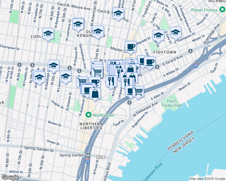 map of restaurants, bars, coffee shops, grocery stores, and more near 1108 North Front Street in Philadelphia