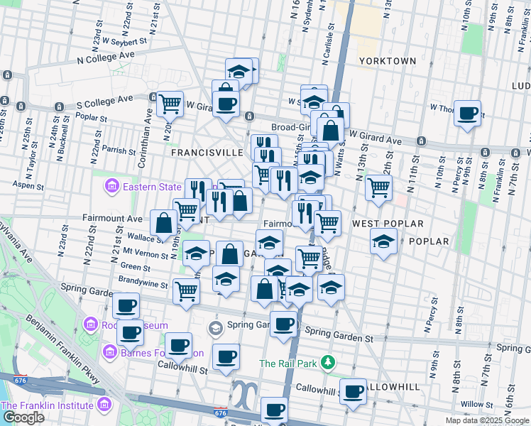 map of restaurants, bars, coffee shops, grocery stores, and more near 711 North 16th Street in Philadelphia