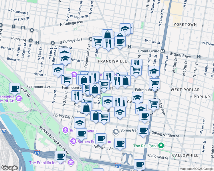 map of restaurants, bars, coffee shops, grocery stores, and more near 1814 Olive Street in Philadelphia