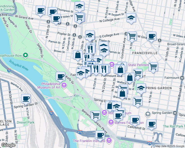 map of restaurants, bars, coffee shops, grocery stores, and more near 2319 Fairmount Avenue in Philadelphia