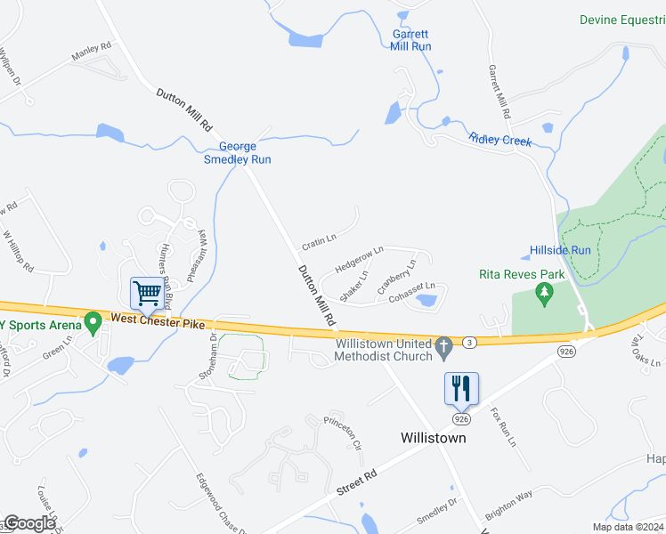 map of restaurants, bars, coffee shops, grocery stores, and more near 109 Hedgerow Ln in West Chester