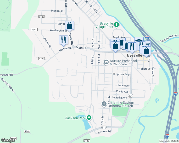map of restaurants, bars, coffee shops, grocery stores, and more near 300 West Spruce Avenue in Byesville