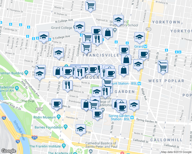 map of restaurants, bars, coffee shops, grocery stores, and more near 1814 Olive Street in Philadelphia
