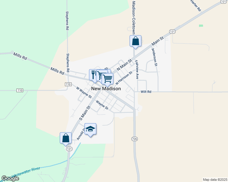 map of restaurants, bars, coffee shops, grocery stores, and more near 111 North Harrison Street in New Madison