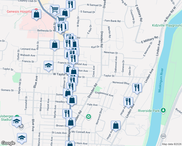 map of restaurants, bars, coffee shops, grocery stores, and more near 412 Winton Avenue in Zanesville