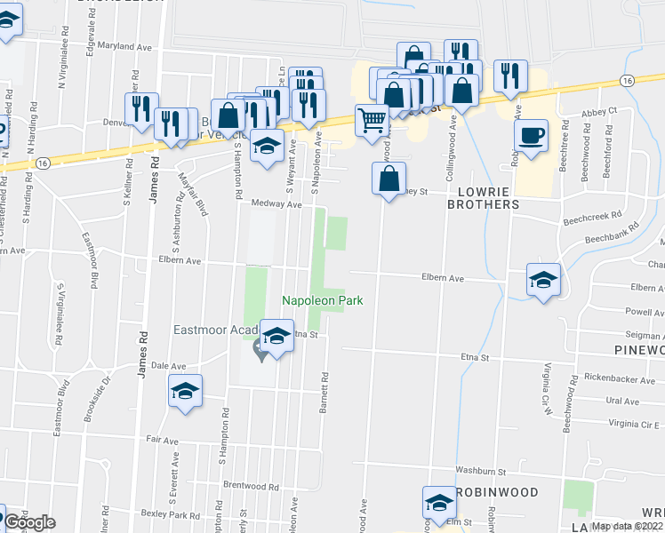 map of restaurants, bars, coffee shops, grocery stores, and more near 250 South Napoleon Avenue in Columbus