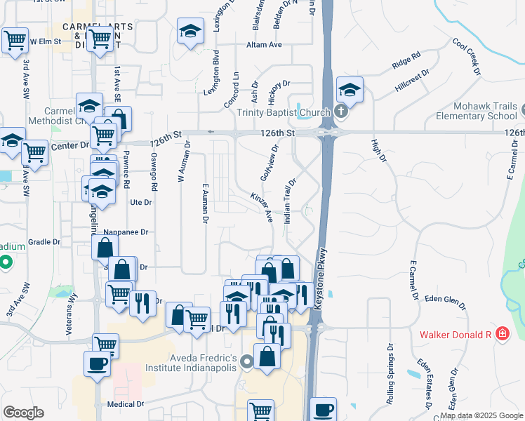 map of restaurants, bars, coffee shops, grocery stores, and more near 998 Kinzer Avenue in Carmel