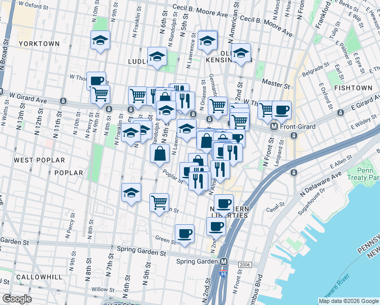 map of restaurants, bars, coffee shops, grocery stores, and more near 980 North Lawrence Street in Philadelphia