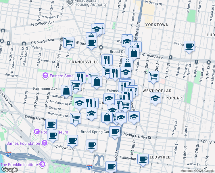 map of restaurants, bars, coffee shops, grocery stores, and more near 711 North 16th Street in Philadelphia