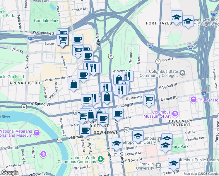 map of restaurants, bars, coffee shops, grocery stores, and more near 225 North 4th Street in Columbus