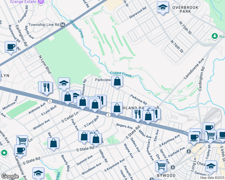 map of restaurants, bars, coffee shops, grocery stores, and more near 138 North Fairview Avenue in Upper Darby
