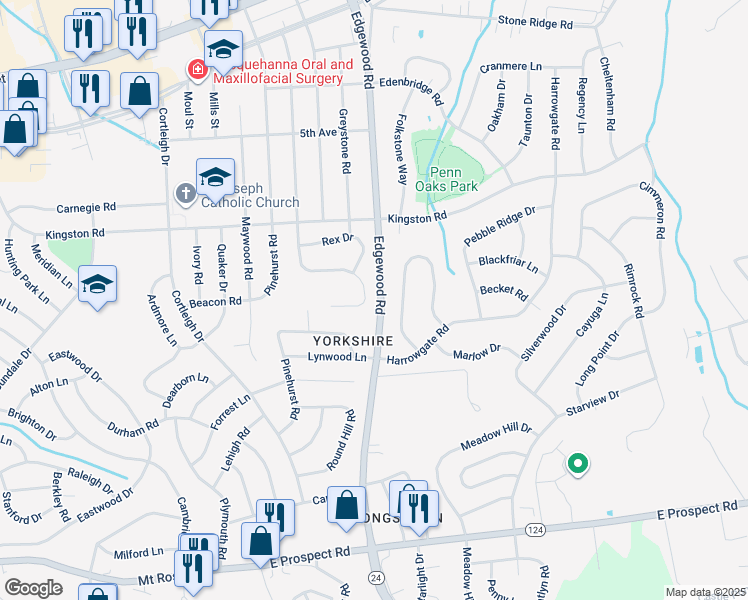 map of restaurants, bars, coffee shops, grocery stores, and more near 509 Wynwood Road in York