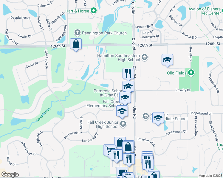 map of restaurants, bars, coffee shops, grocery stores, and more near 12298 Hawks Nest Drive in Fishers