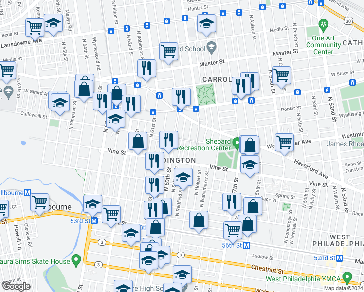map of restaurants, bars, coffee shops, grocery stores, and more near 347 North Salford Street in Philadelphia