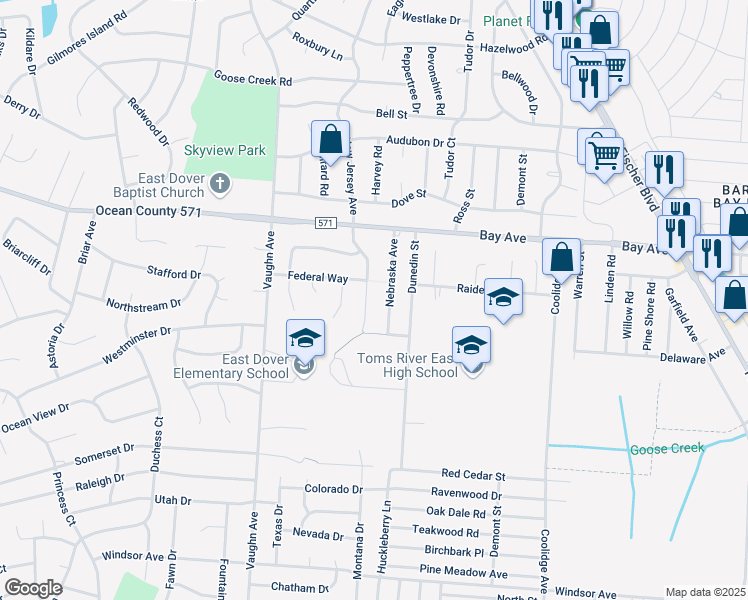 map of restaurants, bars, coffee shops, grocery stores, and more near 755 Congress Street in Toms River