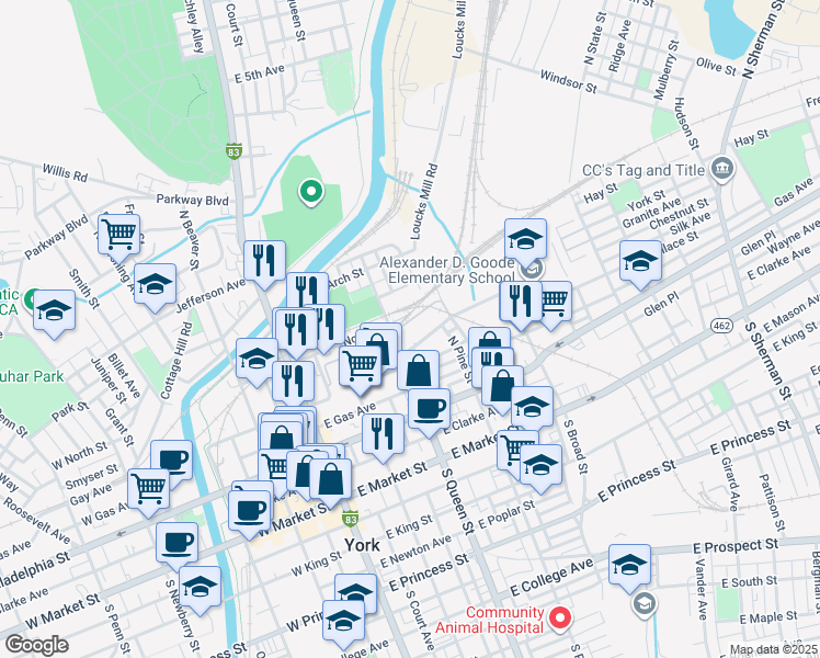 map of restaurants, bars, coffee shops, grocery stores, and more near 210 York Street in York