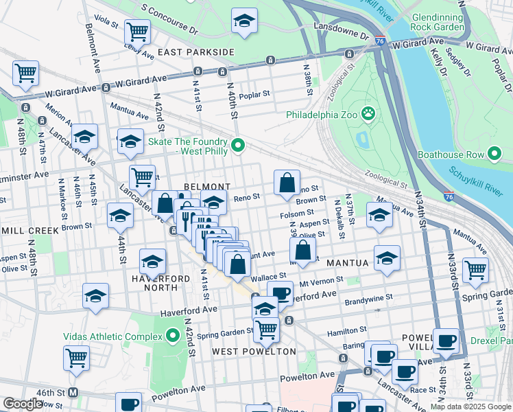 map of restaurants, bars, coffee shops, grocery stores, and more near 3931 Brown Street in Philadelphia