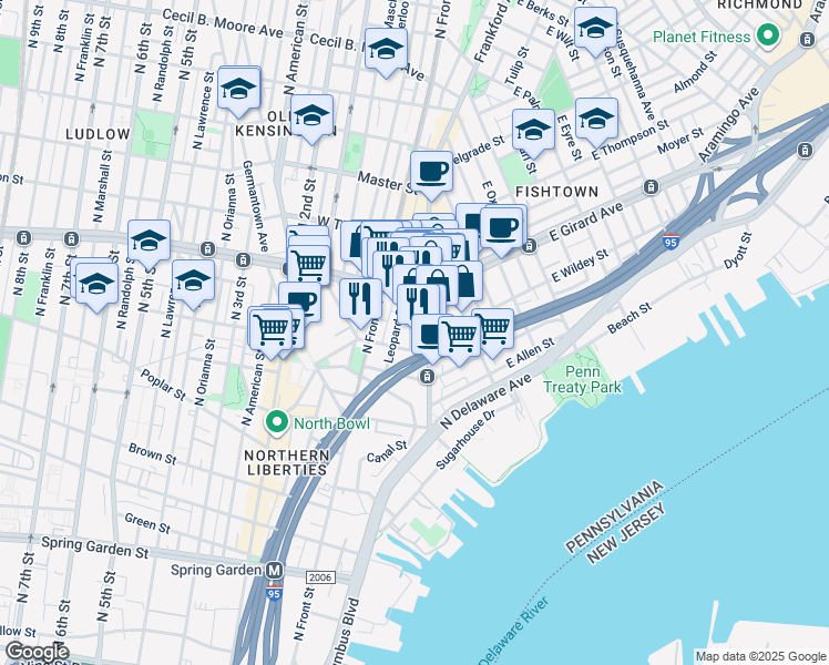 map of restaurants, bars, coffee shops, grocery stores, and more near 1133 Dunton Street in Philadelphia