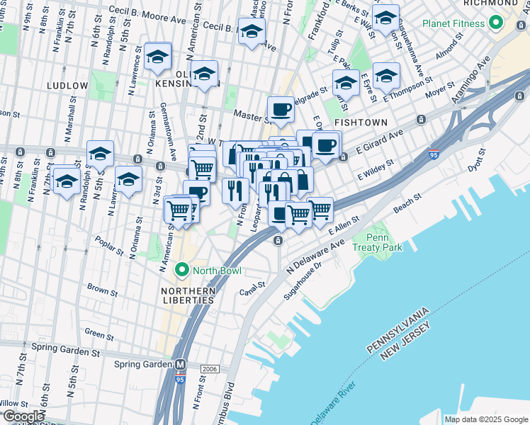 map of restaurants, bars, coffee shops, grocery stores, and more near 1132 Dunton Street in Philadelphia