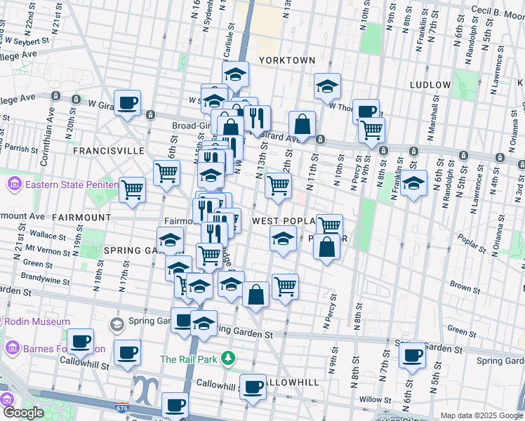 map of restaurants, bars, coffee shops, grocery stores, and more near 800 North Camac Street in Philadelphia