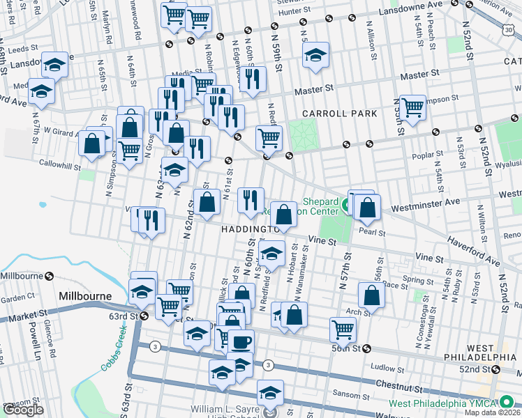 map of restaurants, bars, coffee shops, grocery stores, and more near 324 North 60th Street in Philadelphia