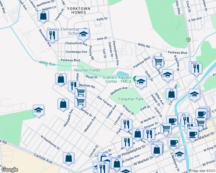 map of restaurants, bars, coffee shops, grocery stores, and more near 344 Pennsylvania Avenue in York