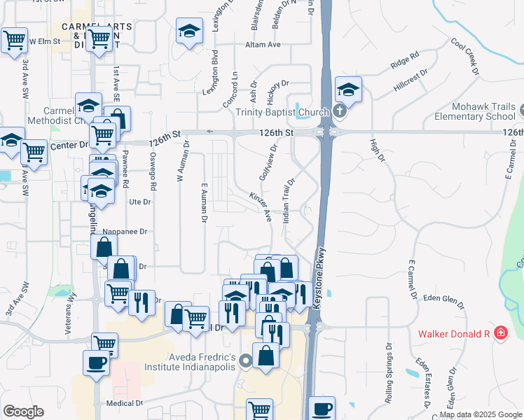 map of restaurants, bars, coffee shops, grocery stores, and more near 998 Kinzer Avenue in Carmel
