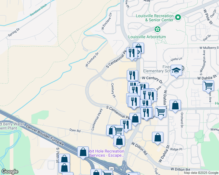 map of restaurants, bars, coffee shops, grocery stores, and more near 285 Century Place in Louisville