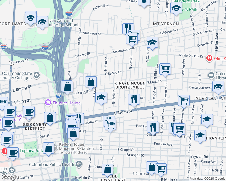 map of restaurants, bars, coffee shops, grocery stores, and more near 945 East Long Street in Columbus