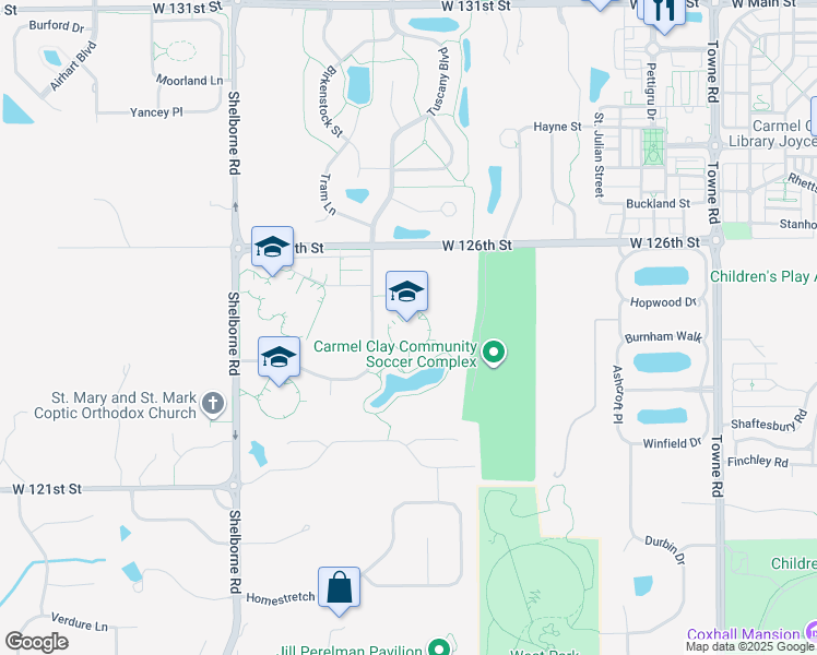 map of restaurants, bars, coffee shops, grocery stores, and more near 3495 West 126th Street in Carmel