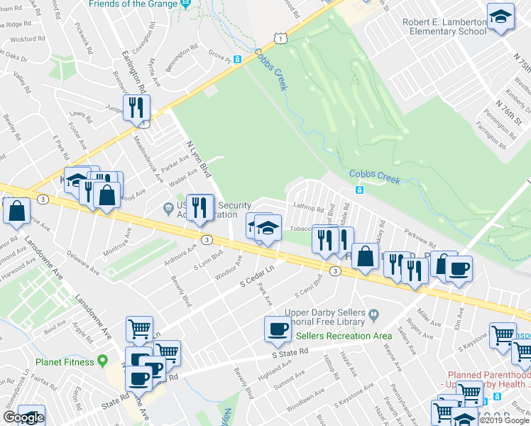 map of restaurants, bars, coffee shops, grocery stores, and more near 132 Green Valley Road in Upper Darby