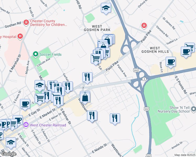 map of restaurants, bars, coffee shops, grocery stores, and more near 838 Paoli Pike in West Chester