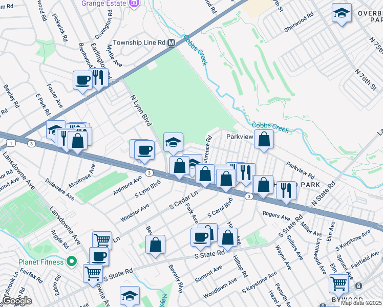 map of restaurants, bars, coffee shops, grocery stores, and more near 132 Green Valley Road in Upper Darby
