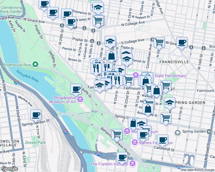 map of restaurants, bars, coffee shops, grocery stores, and more near 2349 Fairmount Avenue in Philadelphia