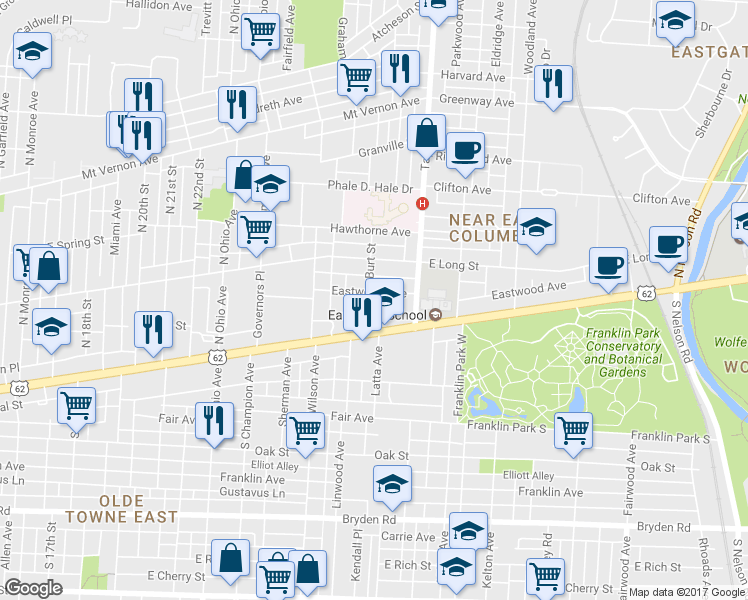 map of restaurants, bars, coffee shops, grocery stores, and more near 1409 Eastwood Avenue in Columbus
