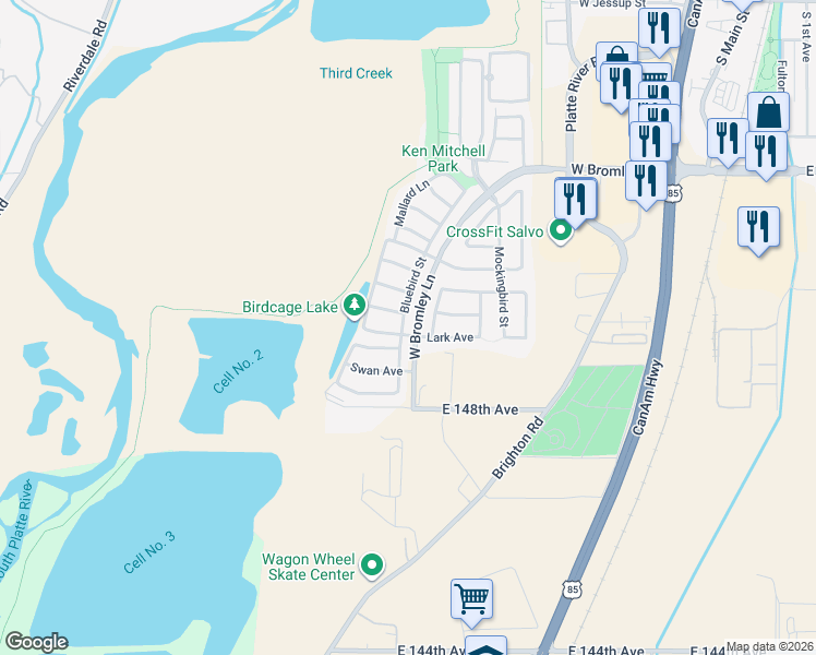 map of restaurants, bars, coffee shops, grocery stores, and more near 1284 Bluebird Street in Brighton