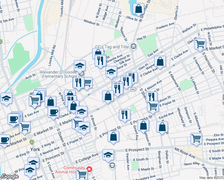map of restaurants, bars, coffee shops, grocery stores, and more near 47 North State Street in York