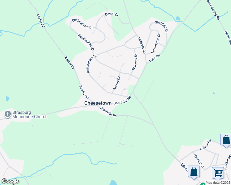 map of restaurants, bars, coffee shops, grocery stores, and more near 46 Surrey Drive in Chambersburg