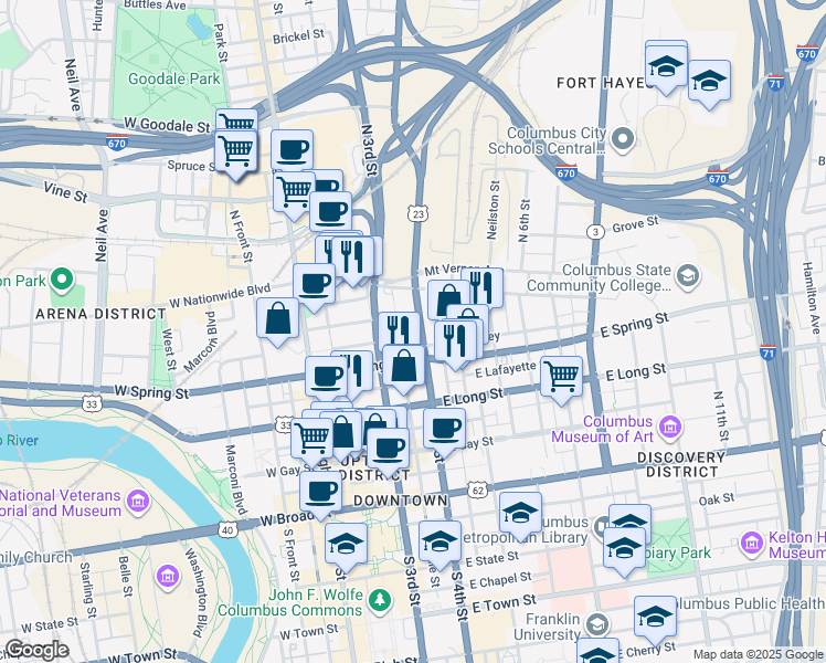 map of restaurants, bars, coffee shops, grocery stores, and more near 225 North 4th Street in Columbus