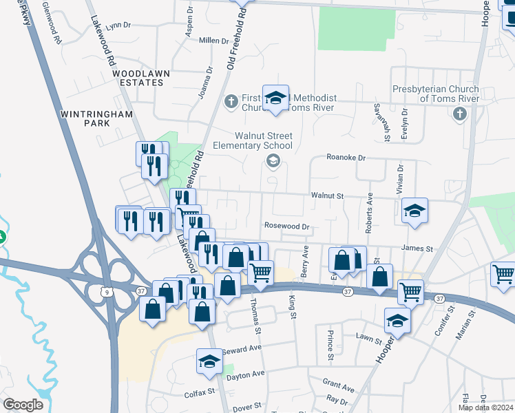 map of restaurants, bars, coffee shops, grocery stores, and more near 956 Park Crest Road in Toms River