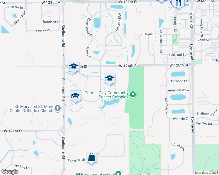 map of restaurants, bars, coffee shops, grocery stores, and more near 3495 West 126th Street in Carmel